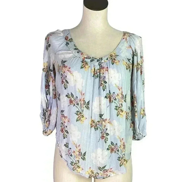 Anthropologie Maeve Boswell Womens 0P Floral Stripe Top Blue Multi 3/4 Sleeve - Picture 2 of 7